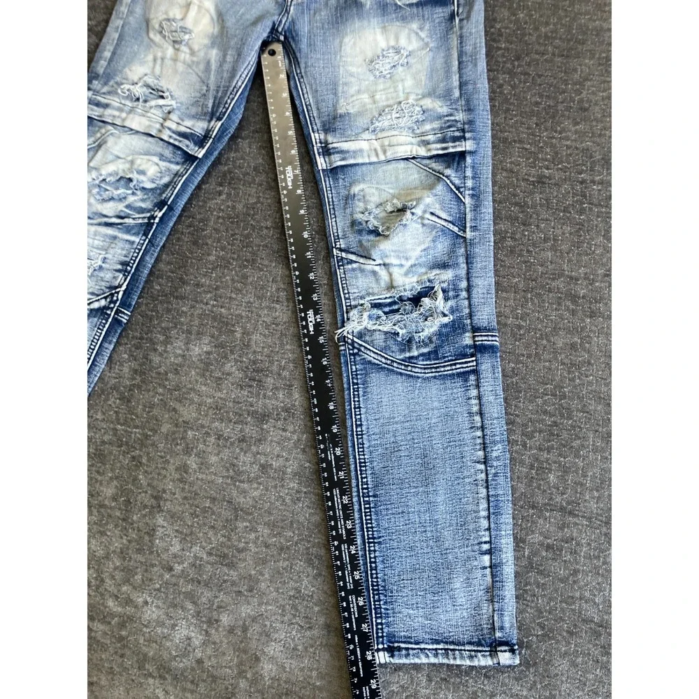 Encrypted Skinny Jeans Men 30x30 Blue Denim Cotton Acid Wash Low Rise Distressed